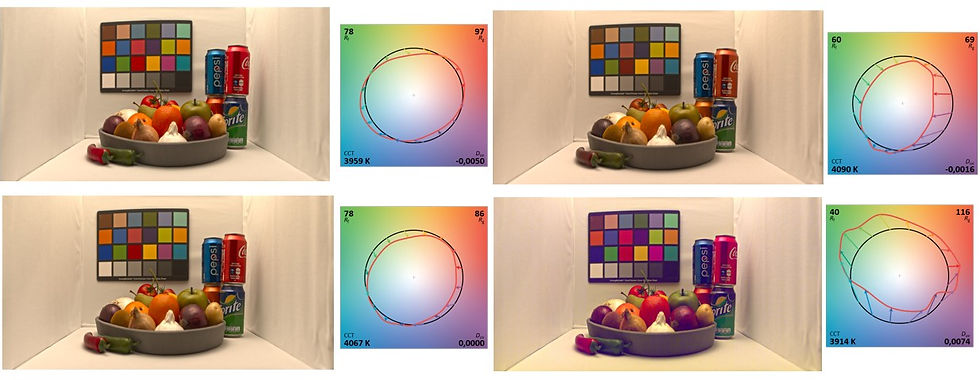 Exemple de TM-30 : la perception des couleurs varie beaucoup en fonction de l'éclairage utilisé
