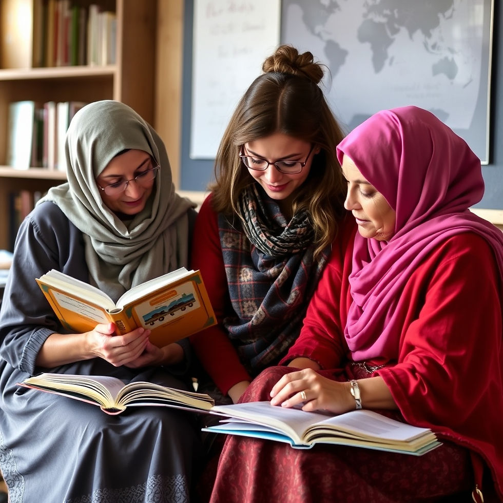 Three women learning to read.
