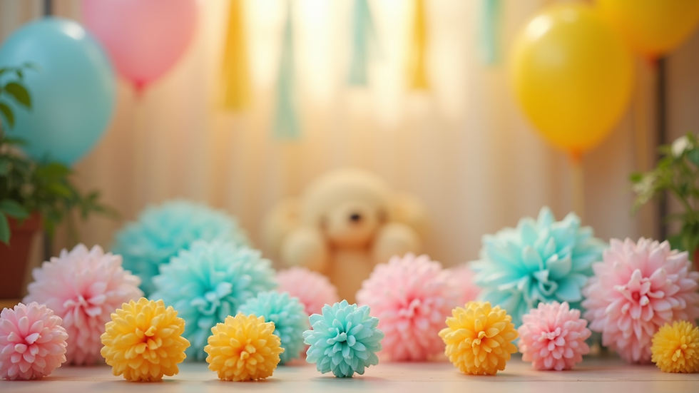 Close-up de decoração colorida com balões e elementos de festa infantil