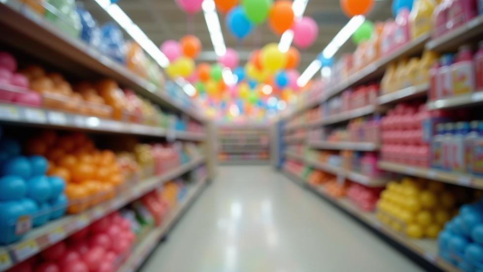 Eye-level view of colorful party balloons and decorations in a store aisle