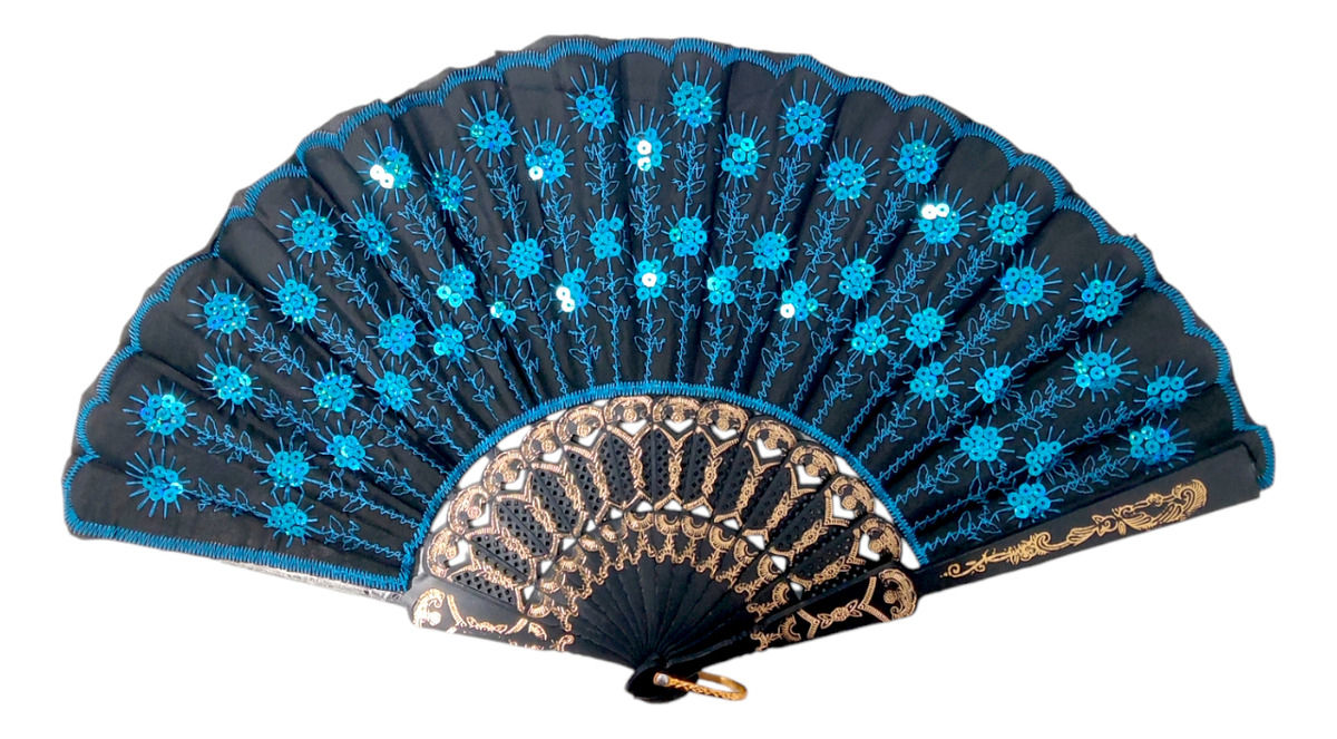 Leque Grande Brilhante Tecido Oriental Japones Estampado Dob(azul-claro)