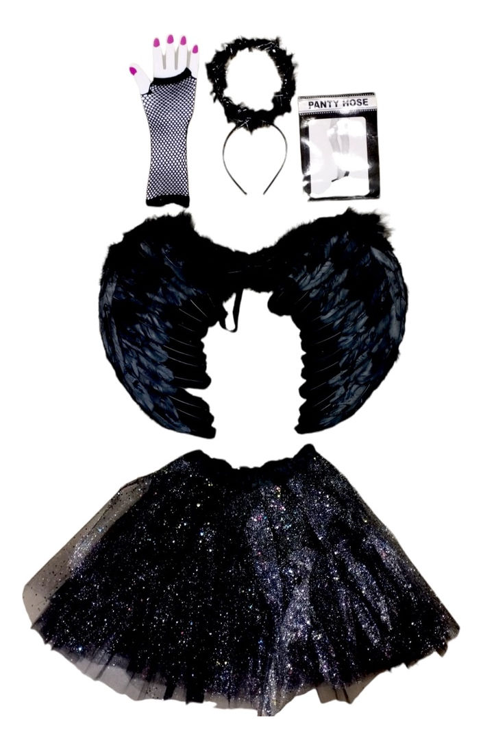 Kit Anjo Fantasia Luva Meia Halloween Carnaval Anjinha(preto glitter&m)