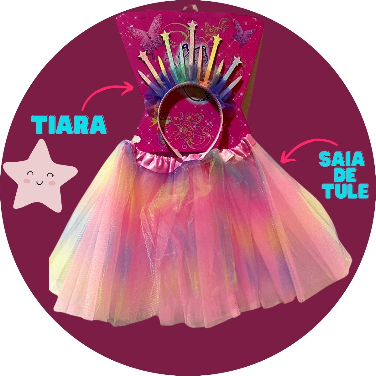 Kit Fantasia Saia Tule 30cm Tiara Princesa Castelo Infantil(colorida,único)