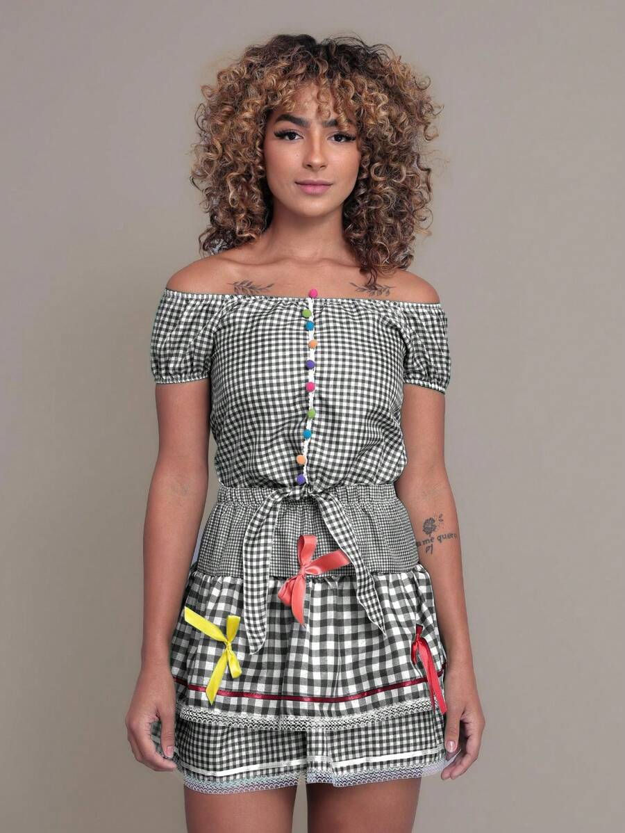 Vestido Xadrez Feminino Festa Junina São João Adulto Araia3(preto,gg)