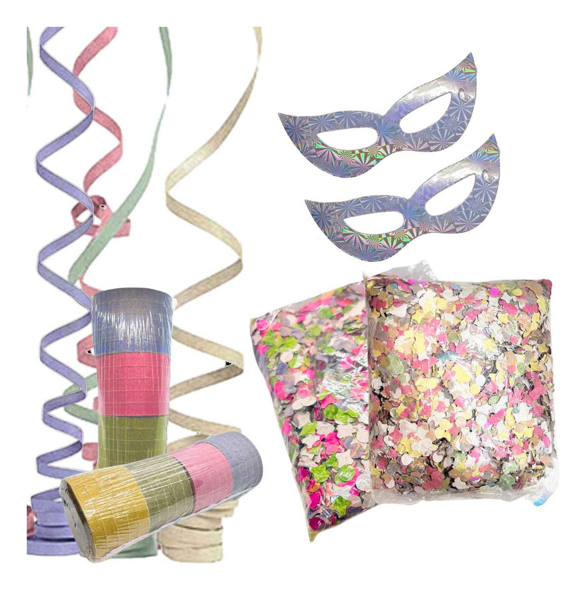 Kit Carnaval Serpentinas + Confetes E Máscaras Decoração(prata)