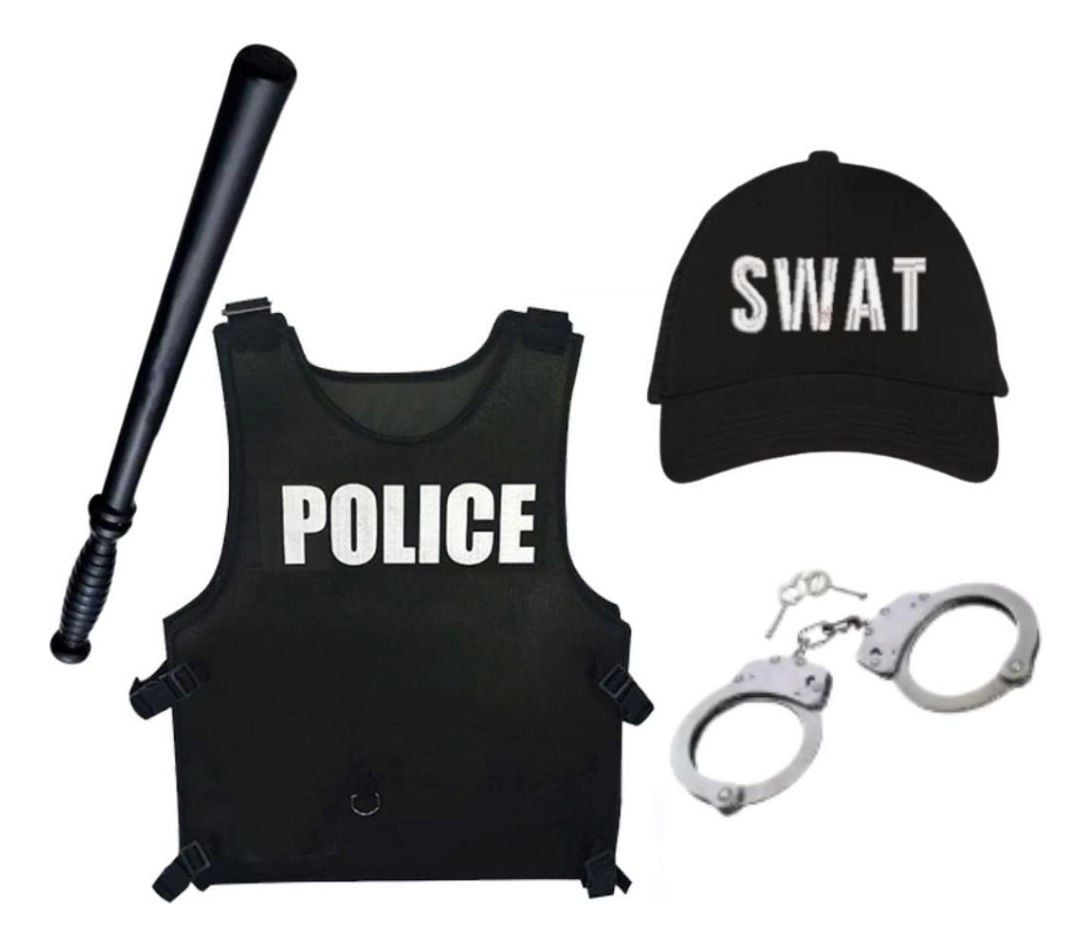 Kit Policial Fantasia Chapeu Algema Cassetete Festas Carna(com colete)