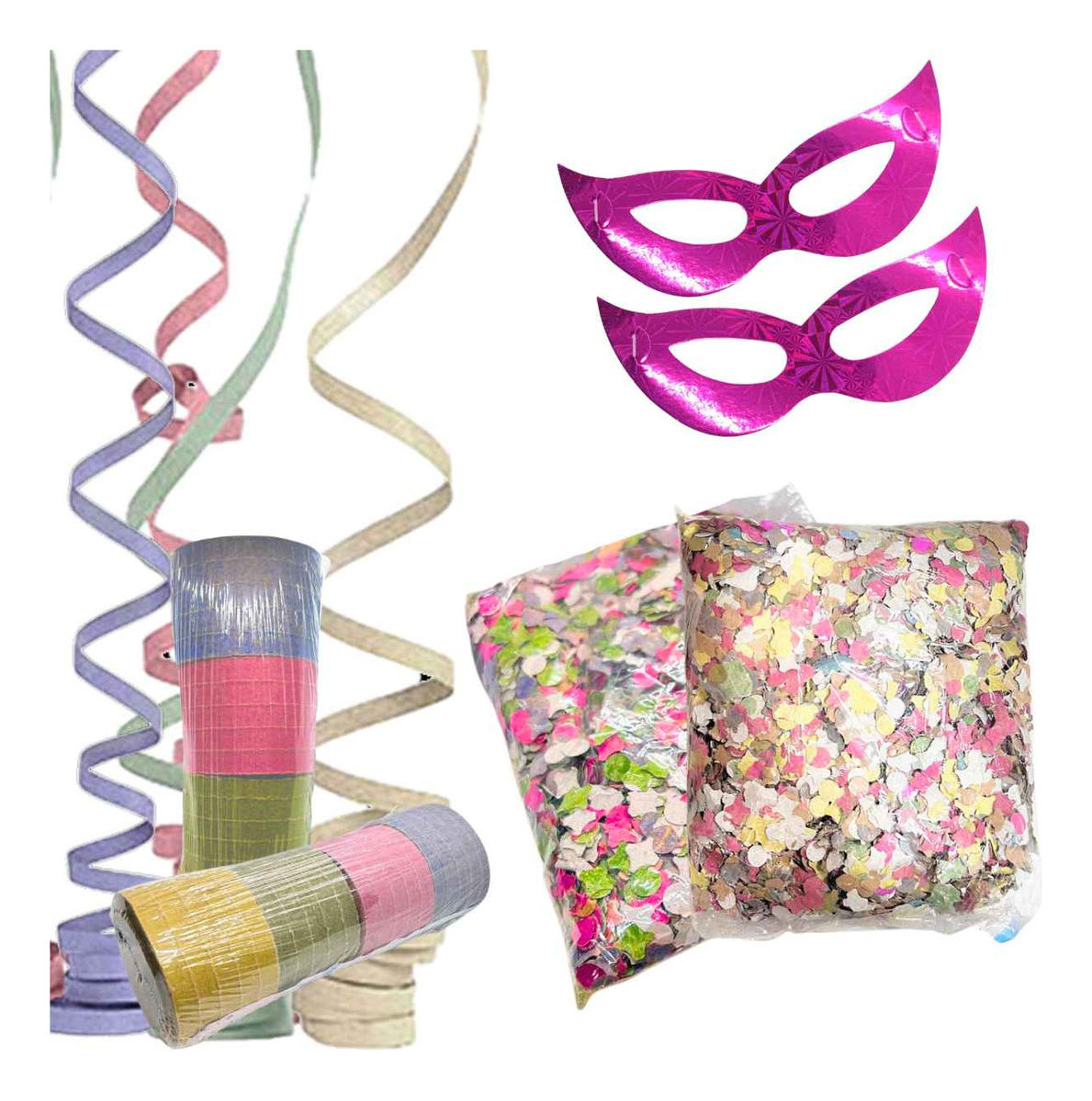 Kit Carnaval Serpentinas + Confetes Coloridos + Máscaras(pink)