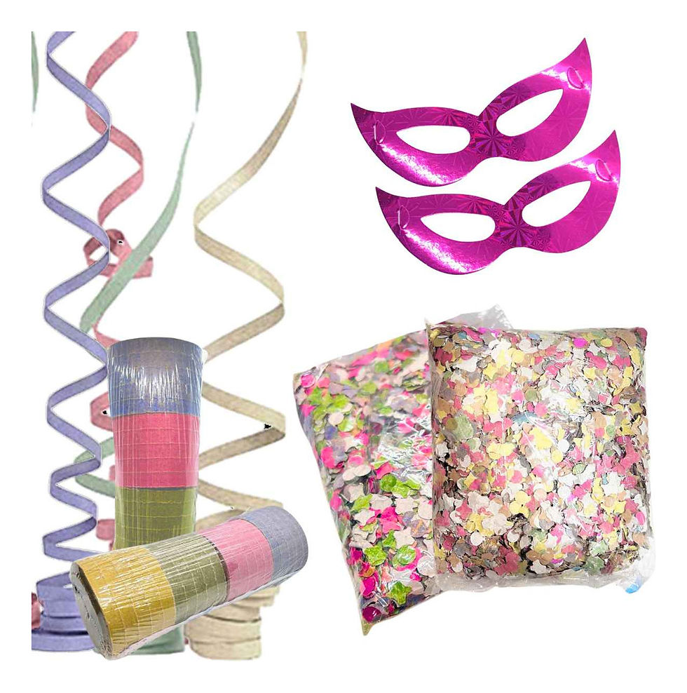 Kit Carnaval Serpentinas + Confetes Coloridos + Máscaras(pink)