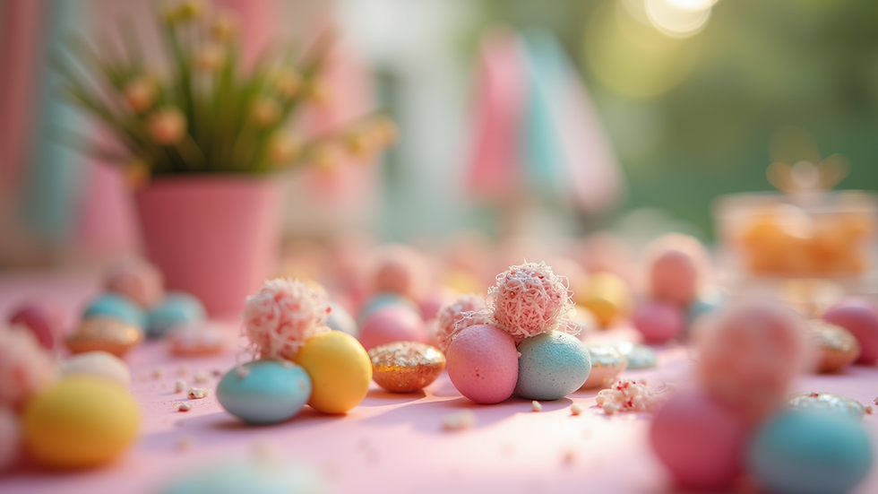 Close-up de lembrancinhas coloridas em uma mesa decorada para festa infantil