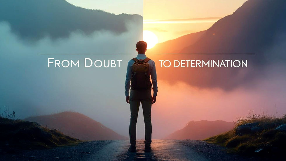 "A young professional standing at a mountain crossroads during sunrise, symbolizing the journey from doubt to determination, with mist and sunlight representing clarity through action and mindset transformation."