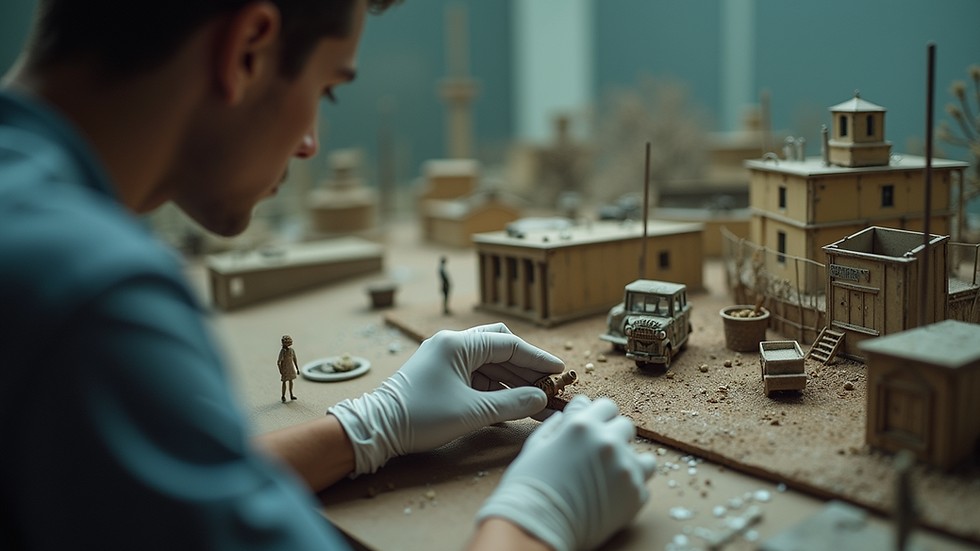 Close-up view of a museum conservator carefully restoring a diorama