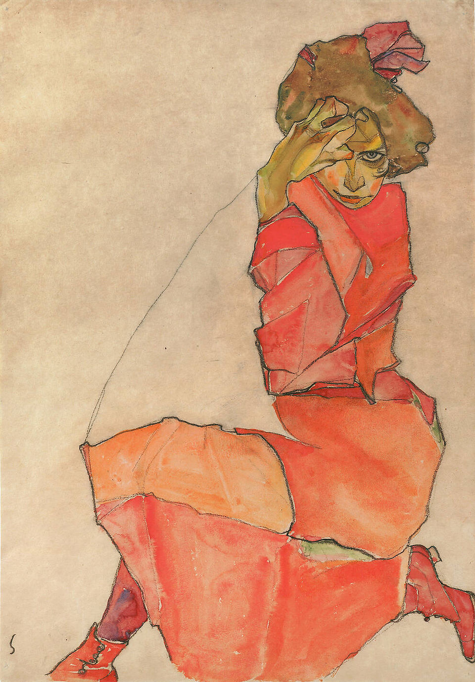  Kneeling Female in Orange-Red Dress artwork by Egon Schiele