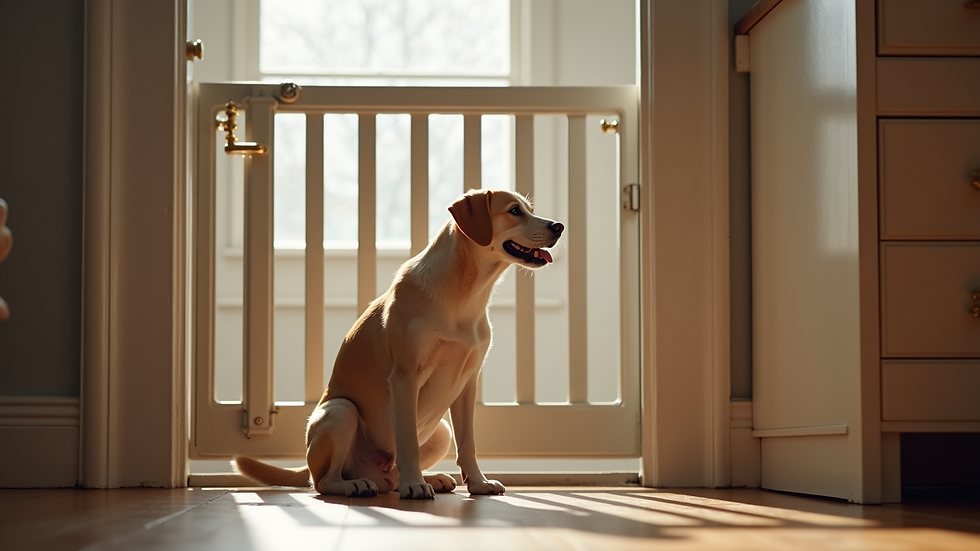 Eye-level view of a dog sitting calmly by a baby gate