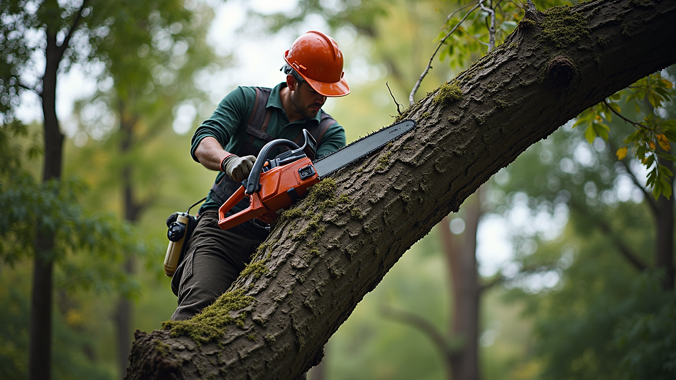 High angle view of a tree care professional using a chainsaw to trim a large tree