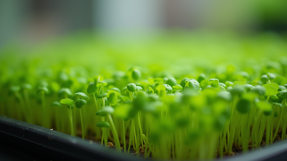 Close-up view of vibrant microgreens in a tray