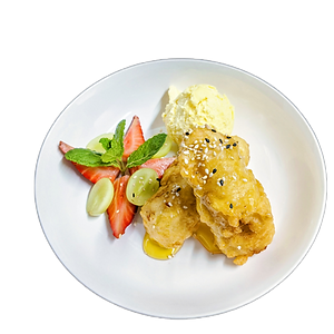 Banana fritter with ice cream.
