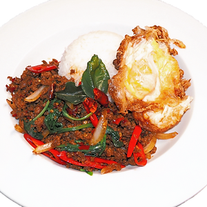 Gra Prao Neu Zap with Jasmine rice