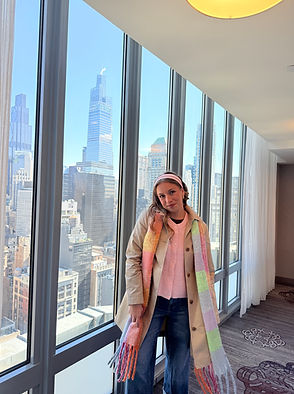 New york city skyline view with girl standing in front