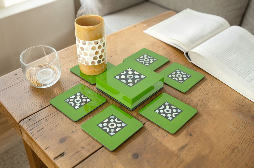 Thumbnail: wooden lacquer coaster handmade coaster with seashell eggshell inlay blue green red black orange