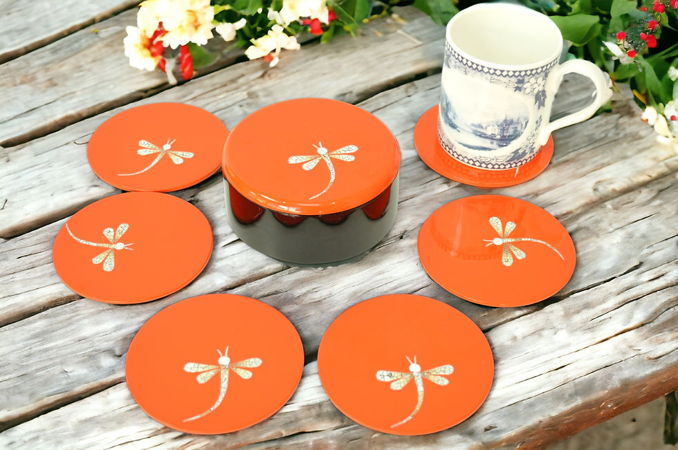 eco friendly handmade wooden lacquer round coaster with eggshell inlay blue green red black orange white