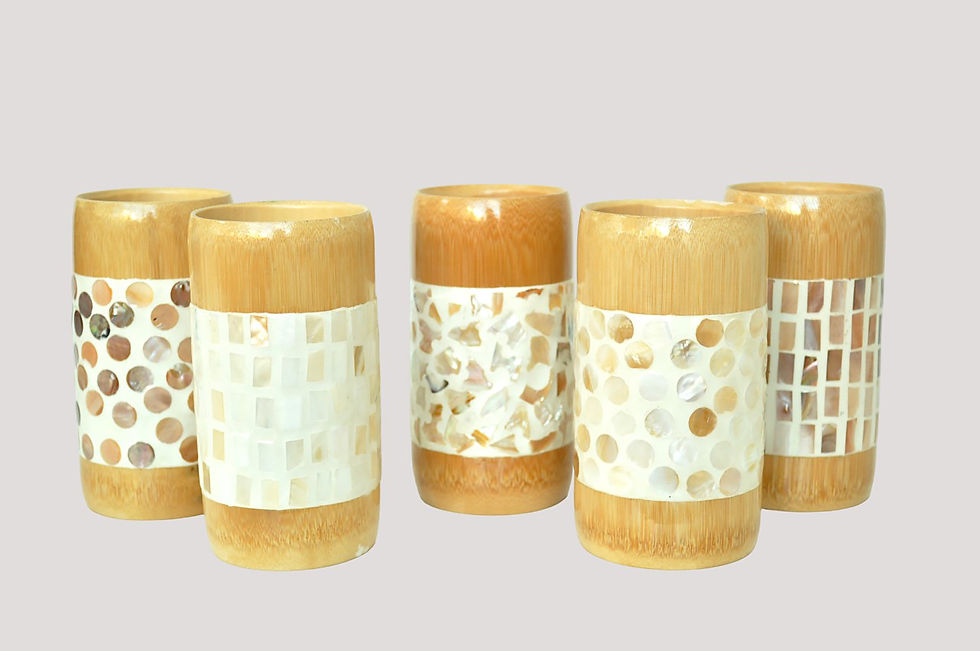 Thumbnail: eco friendly handcrafted handmade bamboo cup vase with eggshell seashell inlay cream brown pink green purple blue black