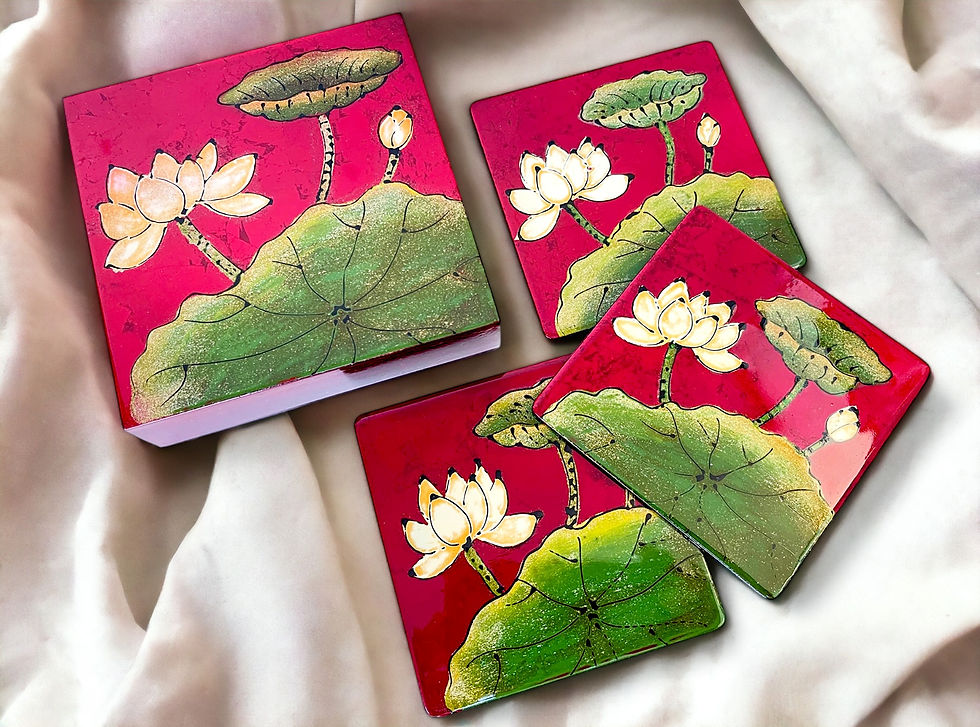 Thumbnail: handmade wooden lacquer coaster box set with lotus flower pattern brown red blue