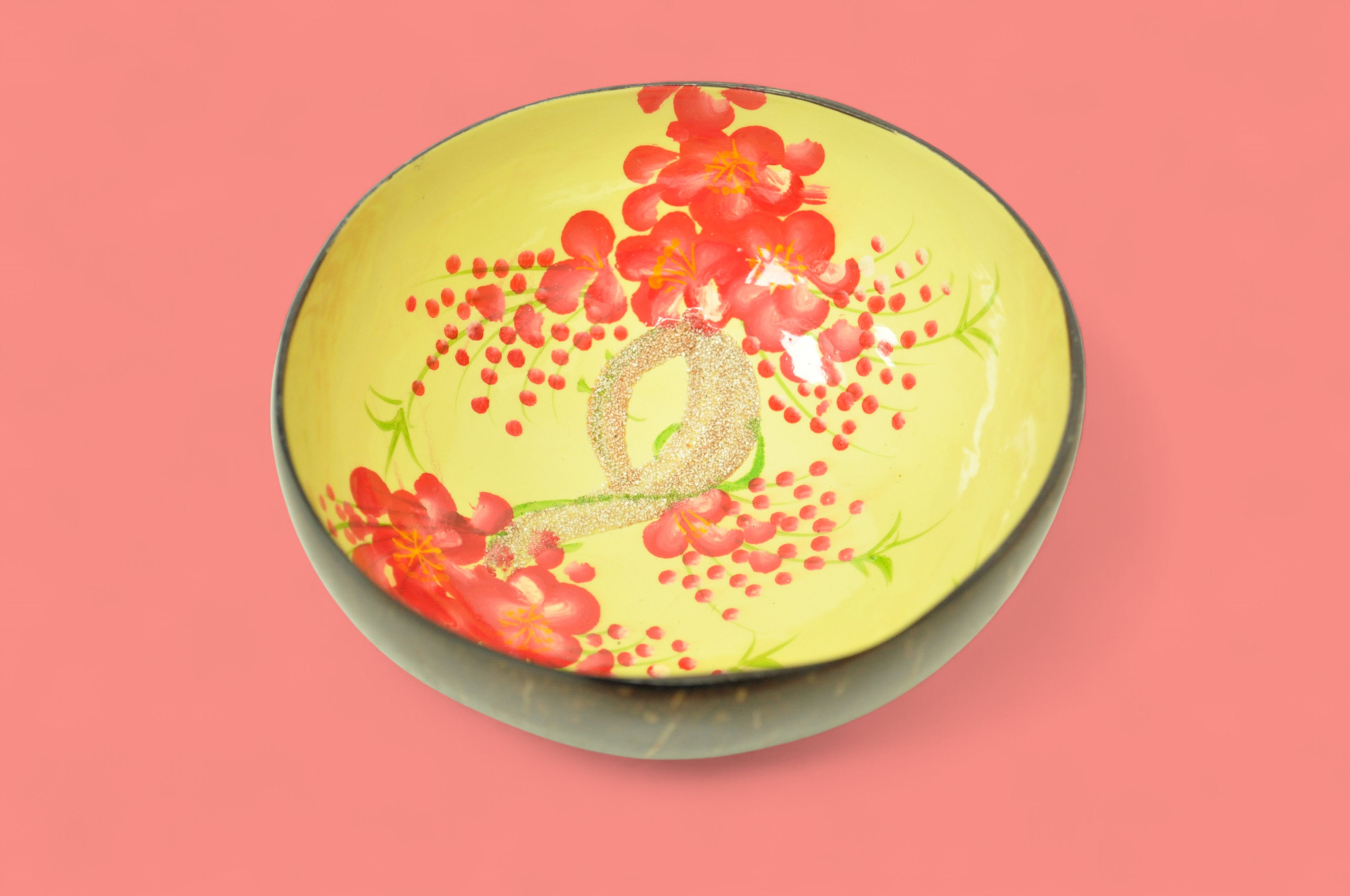 hand paint coconut decorative bowl with sand inlay texture green