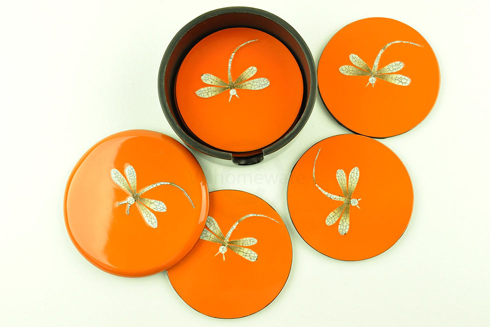 Thumbnail: eco friendly handmade wooden lacquer round coaster with eggshell inlay blue green red black orange white