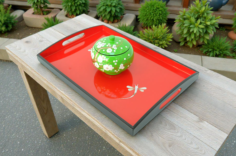 Thumbnail: wooden tray platter serving decorative handmade lacquer tray inlaid eggshell seashell rectangular tray green black red orange