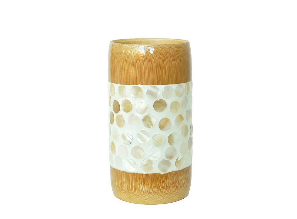 Thumbnail: eco friendly handcrafted handmade bamboo cup vase with eggshell seashell inlay cream brown pink green purple blue black