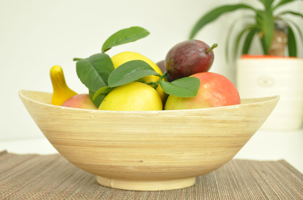 Thumbnail: eco friendly handmade bamboo wood bowl round oval boat shape salad fruit serving bowl brown cream green orange red