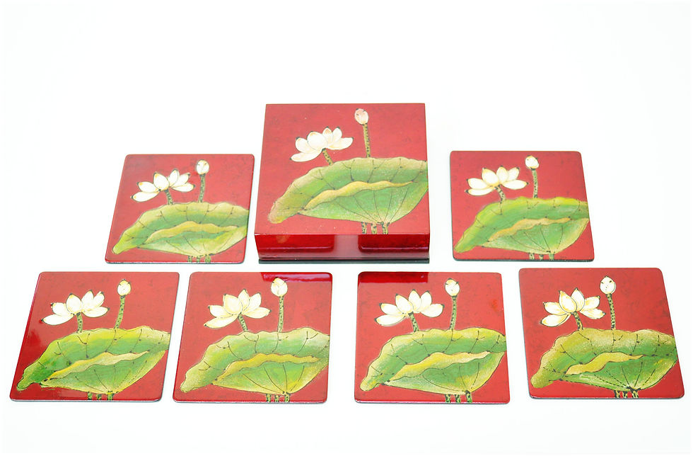 Thumbnail: handmade wooden lacquer coaster set and box with lotus flower pattern brown red blue