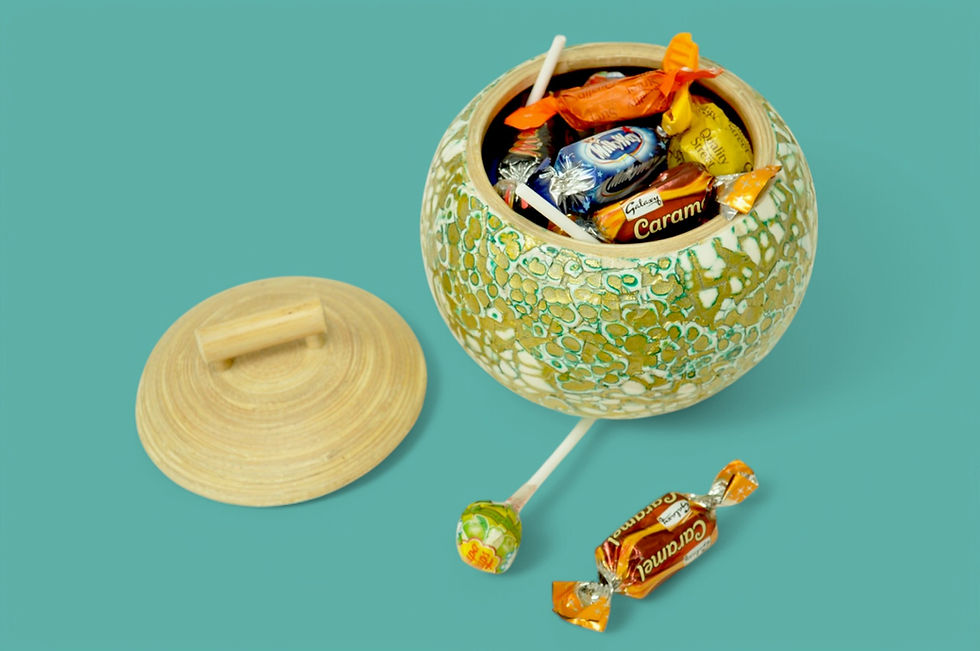 Thumbnail: Handcrafted bamboo round pot jar bowl and lid eco wooden pot  inlaid with eggshell green blue pink black gold