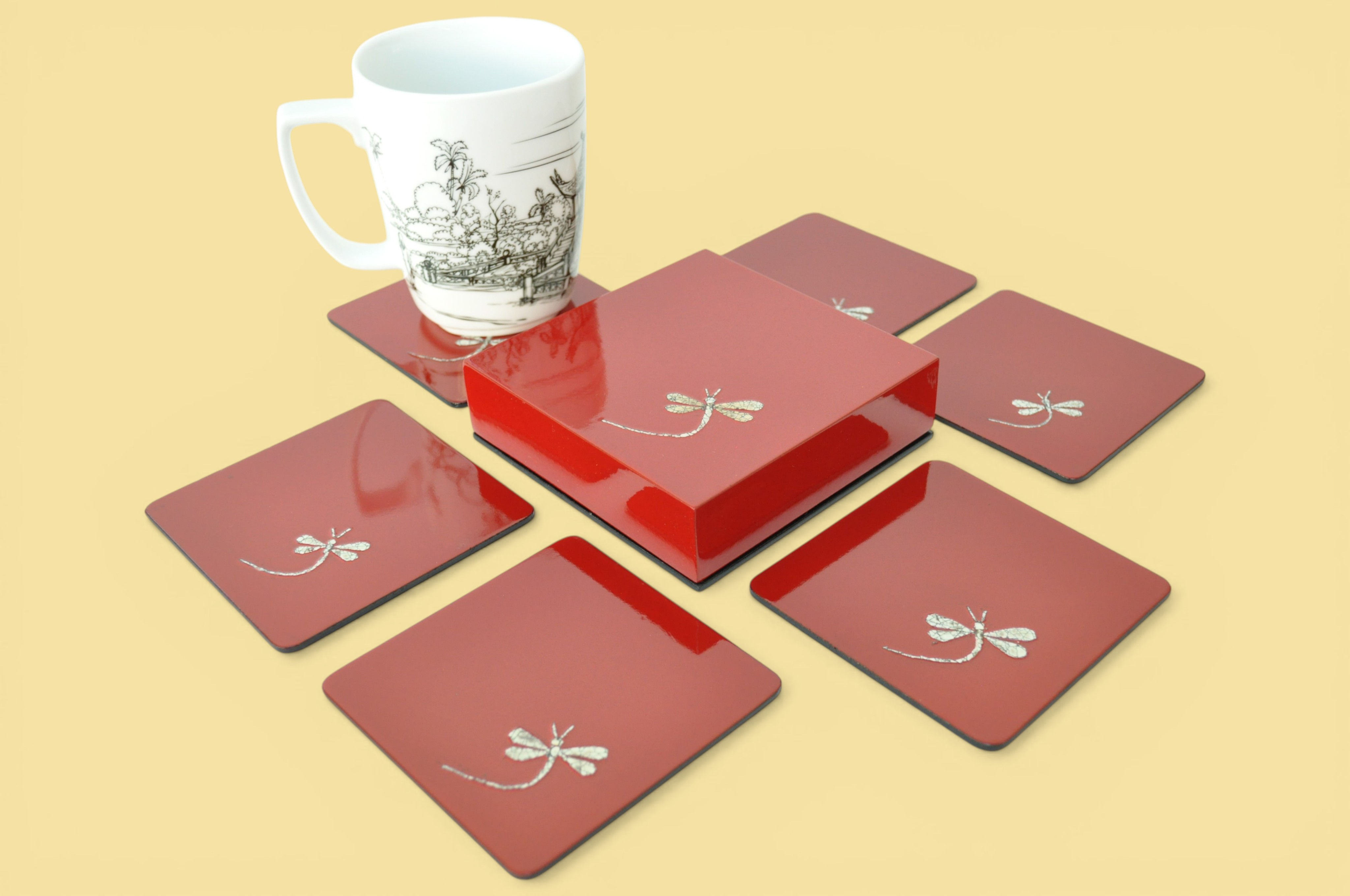 Eco-friendly handmade wooden lacquer coasters with eggshell inlay blue green red black orange blue