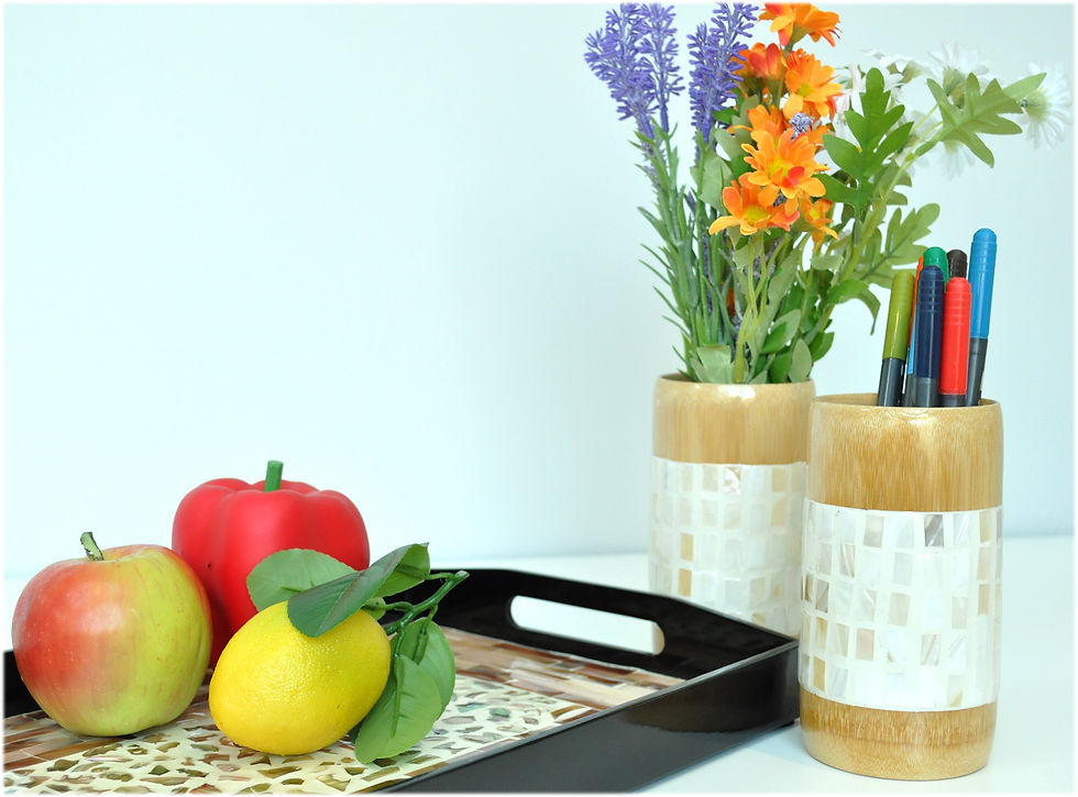 Thumbnail: eco friendly handcrafted handmade bamboo cup vase with eggshell seashell inlay cream brown pink green purple blue black