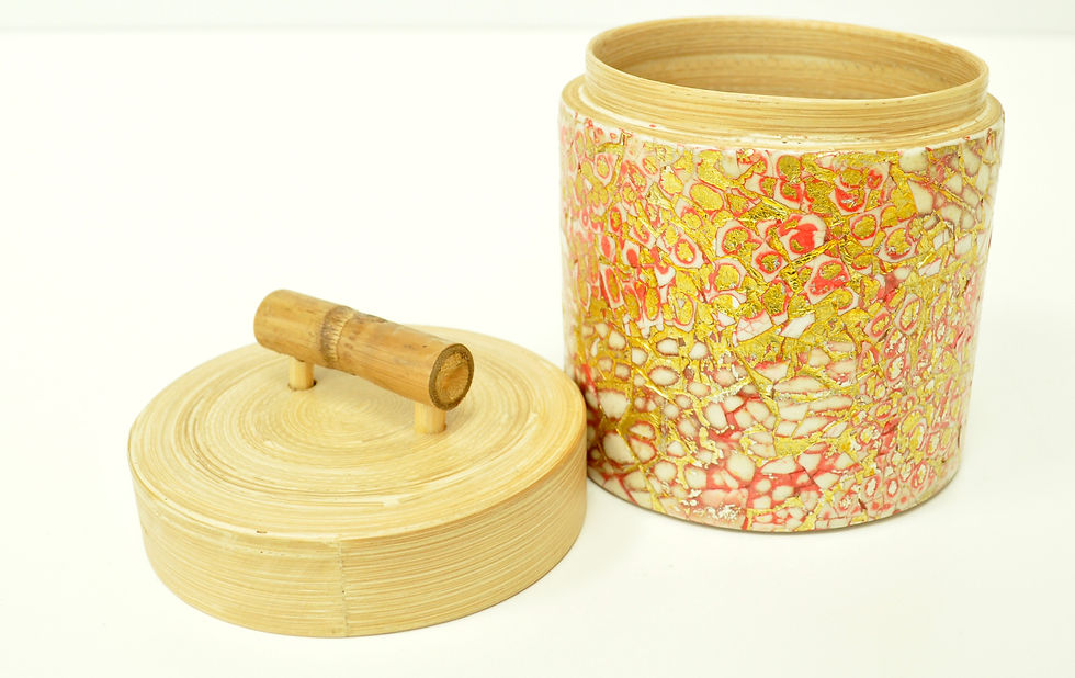 Thumbnail: bamboo wooden pot, jar, container with lid, handcrafted pot inlaid with egg shell gold pink