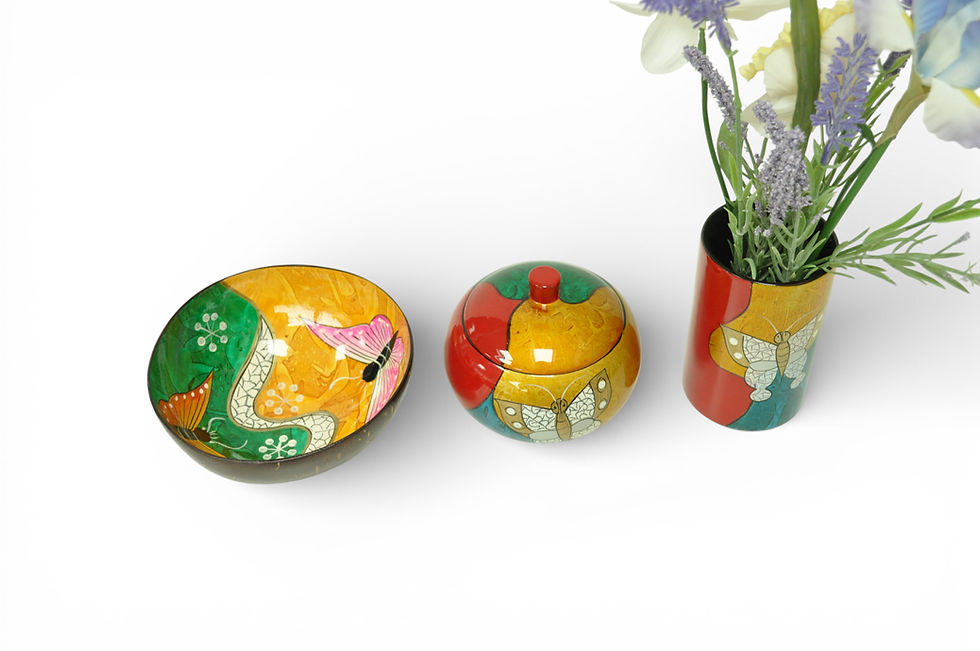 Thumbnail: handmade wooden lacquer pot bowl decorative pot with lid abstract painting green blue red black orange