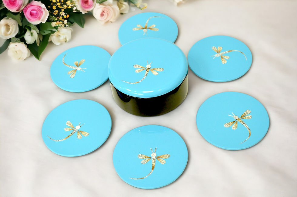 Thumbnail: eco friendly handmade round wooden lacquer coaster set with eggshell inlay blue green red black orange white