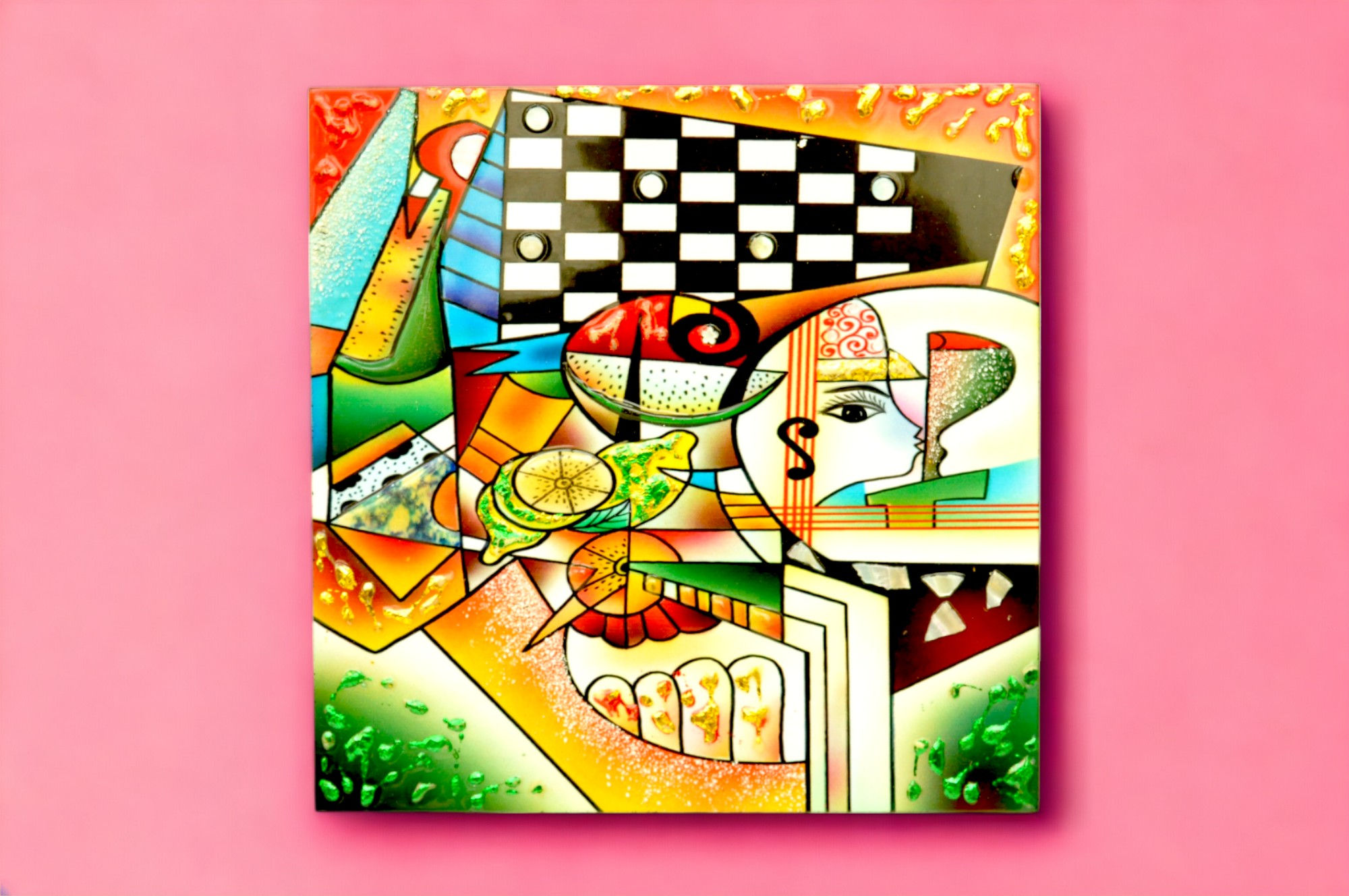 handcrafted wooden lacquer picture with 3D effect embossed painting, eggshell seashell inlay