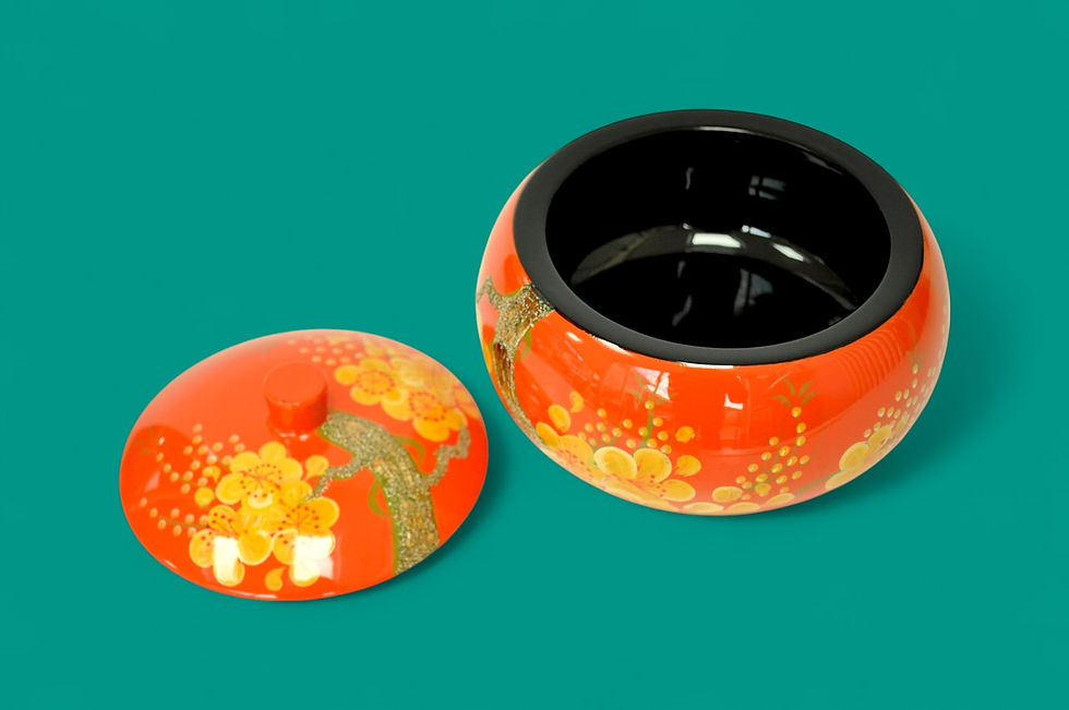 Thumbnail: wooden lacquer decorative serving bow pot jar inlaid with eggshell flower hi gloss orange red green blue black