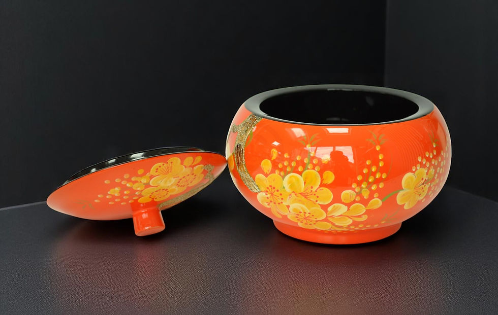 Thumbnail: wooden lacquer decorative serving bow pot jar inlaid with eggshell flower hi gloss orange red green blue black
