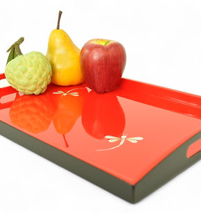 Handmade Lacquer Wooden Rectangular Tray Inlaid With Egg-Shell Red Black