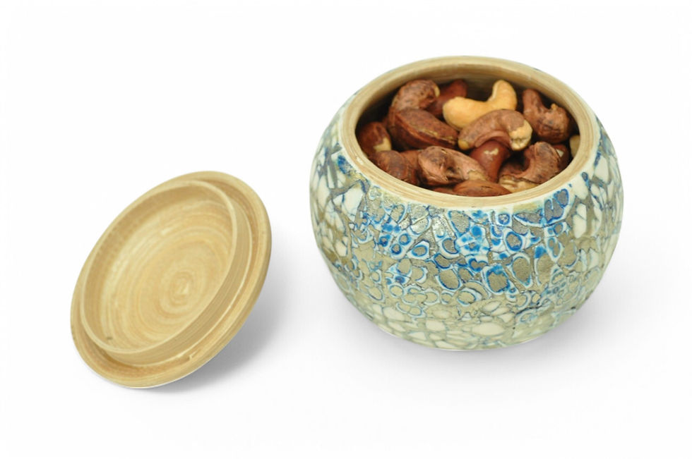 Thumbnail: handmade eco bamboo round pot jar container inlaid with eggshell pink blue green blackgold