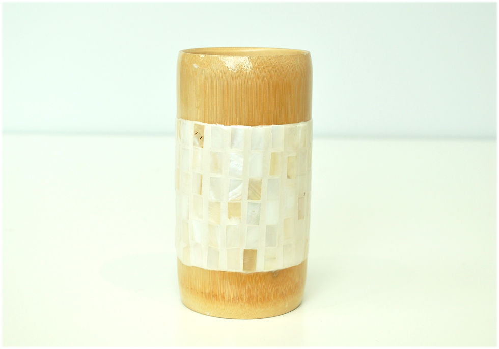 Thumbnail: eco friendly handcrafted handmade bamboo cup vase with eggshell seashell inlay cream brown pink green purple blue black
