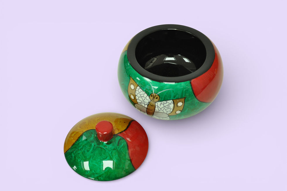 Thumbnail: handmade wooden lacquer pot bowl decorative pot with lid abstract painting green blue red black orange