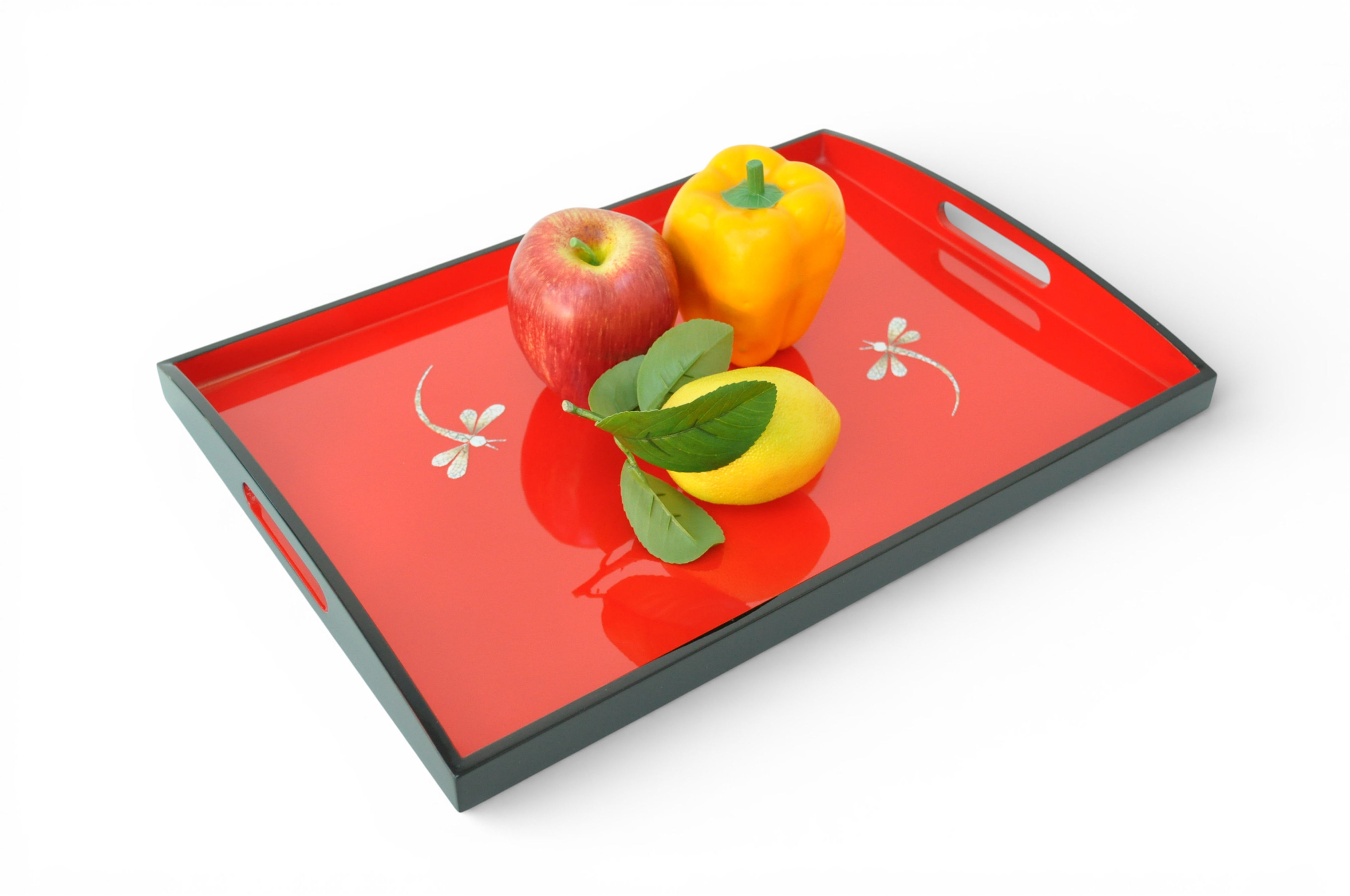 wooden tray platter serving decorative handmade lacquer tray inlaid eggshell seashell rectangular tray green black red orange