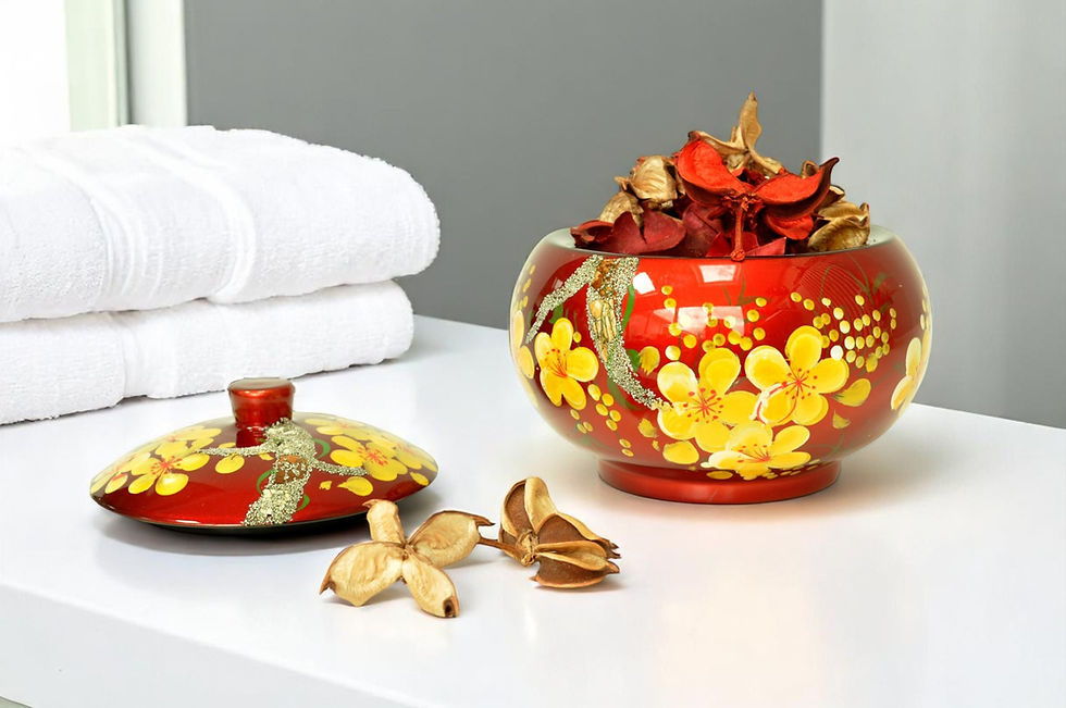 wooden lacquer decorative serving bow pot jar inlaid with eggshell flower hi gloss orange red green blue black