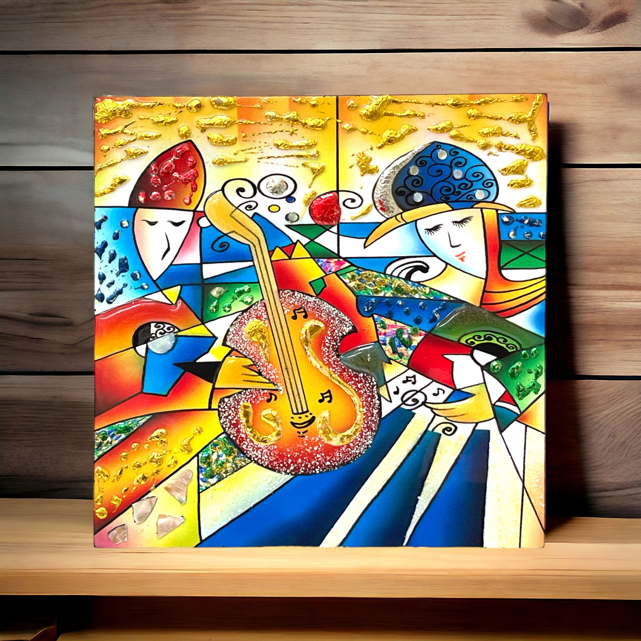 handcrafted wooden lacquer picture with 3D effect embossed painting, eggshell seashell inlay