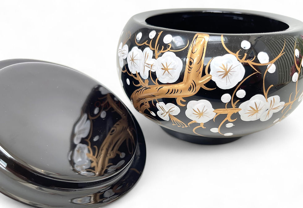 Thumbnail: wooden lacquer decorative serving bow pot jar inlaid with eggshell flower embossed paint hi gloss orange red green blue black