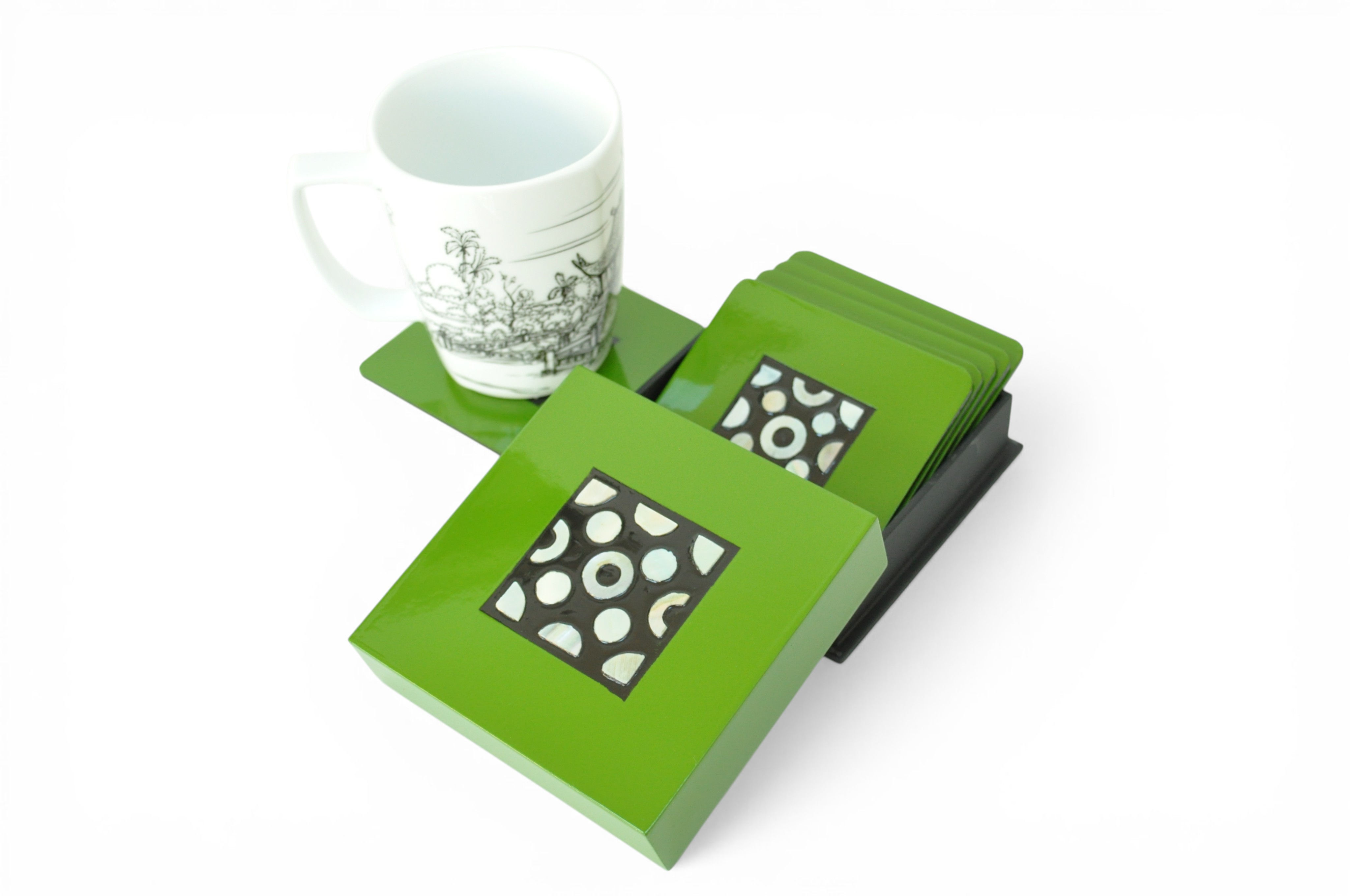 wooden lacquer coaster handmade coaster with seashell eggshell inlay blue green red black orange